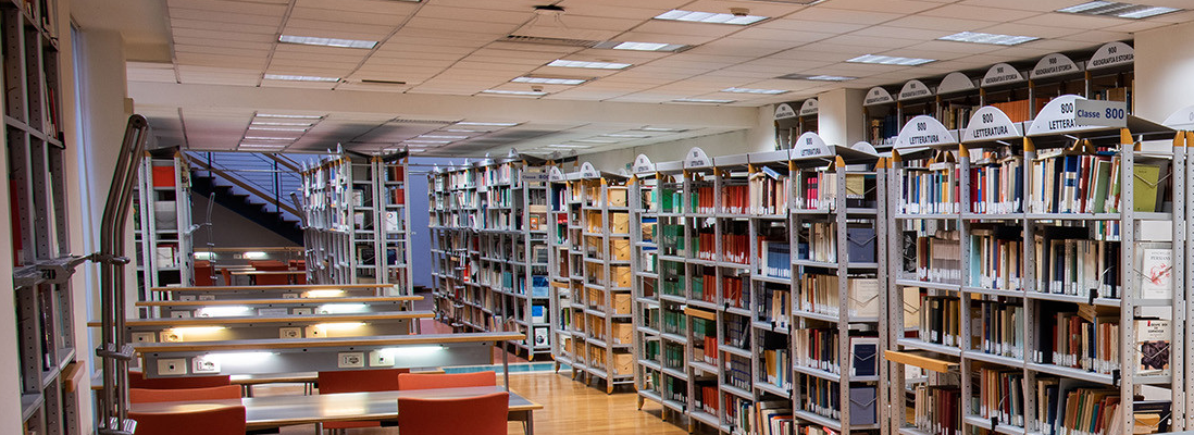 Immagine di una libreria presente nella biblioteca di lettere